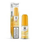 Bar Juice 5000 Orange Zest e-liquid in a yellow bottle with a nicotine strength of 20mg/10mg, next to its packaging box which is predominantly yellow and has images of oranges and a vaping device.